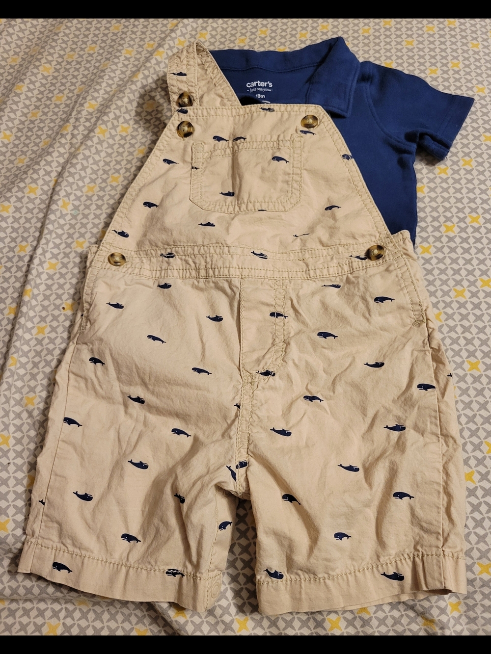 Carter's Boys Beige Whale-Print Short Overalls